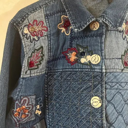 New Directions Jean Jacket Women Medium Denim Blue Fall Leaf Embroidered Vintage