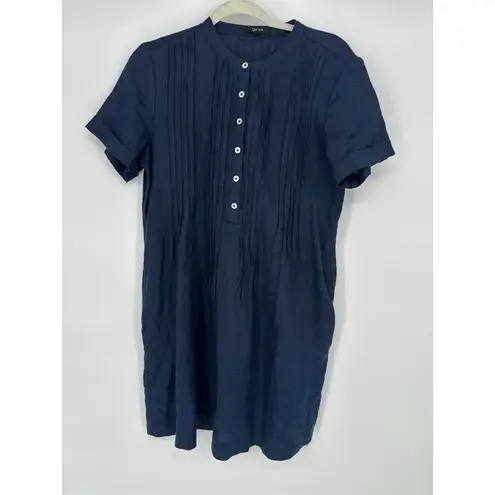 Quince Short Sleeve Linen Shift Swing Dress Navy Blue Pintuck Pleat S Coastal