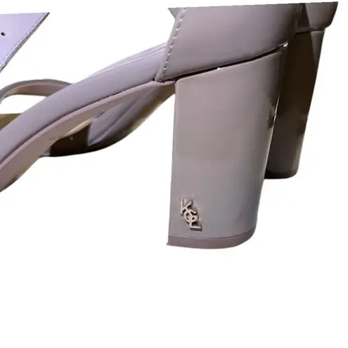 Kurt Geiger Langley Elegant Nude Patent Block Heel Sandals w/ Ankle Strap