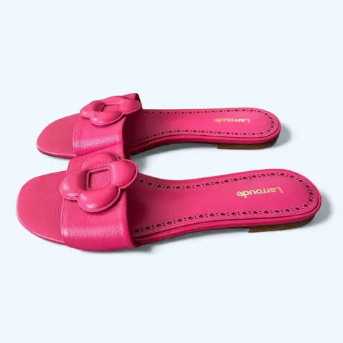 Larroudé Floral Flat Slide Sandals Hot Pink Leather Women’s Size 8 Chic Feminine