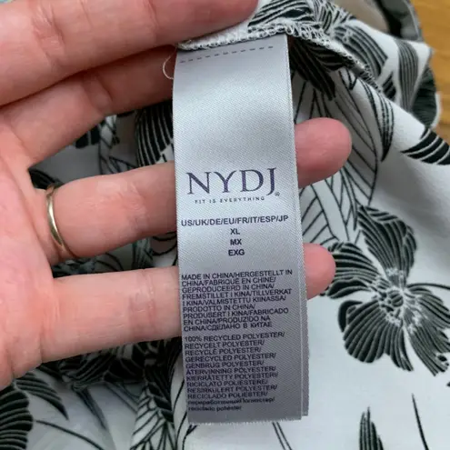 NYDJ Women's XL Floral Print Blouse 3/4 Sleeve Button Front Black White Workwear