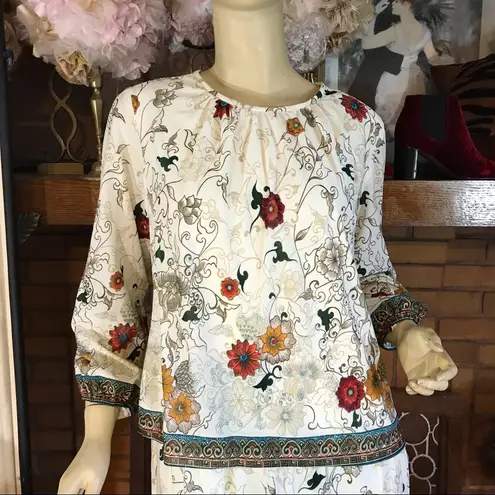 VINTAGE 1980'S UNION MADE CREAM, ORANGE & TEAL FLORAL PRINT POP OVER DRESS (M) Multiple Size M