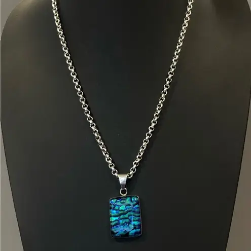 Sterling Silver Rolo Necklace and Blue Green Dichoic Glass 925 Pendant 24”
