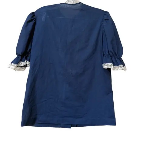 Vintage Handmade Navy Lace Puff Sleeve Blouse – Romantic Cottagecore Medium Blue