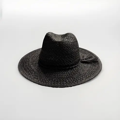 Anthropologie  Women's Black Woven Tassel Fedora Hat Boho Wide Brim 100% Paper OS