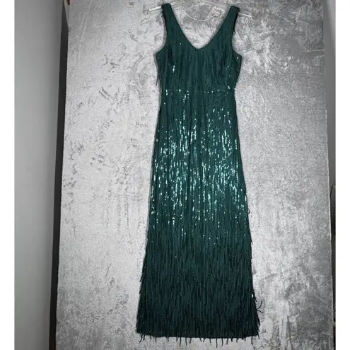R & M Richards  Dress Womens 6‎ Green Fringe Sequin Glam Party Formal Cocktails