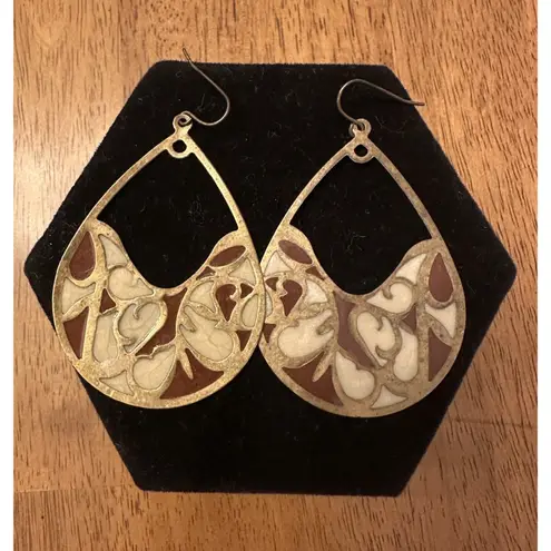 Large Dangle Earrings Pierced Lightweight Metal Artsy Boho Cream Brownish Red