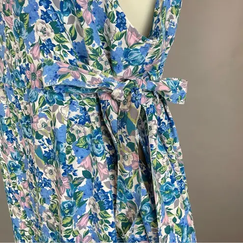 Vintage‎ Liberty Dress Apron Style Faux Wrap Side Ties Square Neck Blue Floral Size M