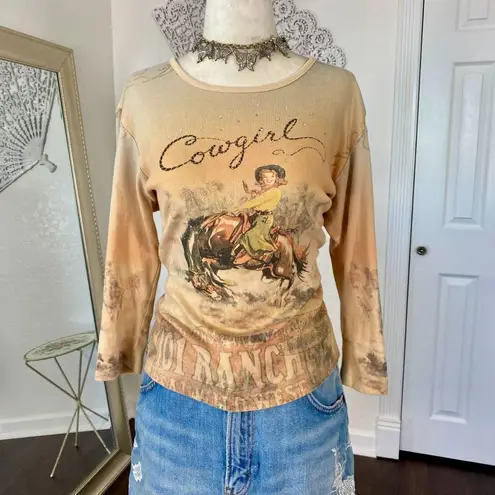 Vintage Tan Brown Early 2000's Western Cowboy Graphic Print Long Sleeve Top L Size L