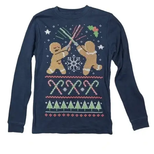 Ugly Christmas Sweater Dec. 25th Gingerbread Man Novelty Christmas Holiday Waffle Knit Long Sleeve Top
