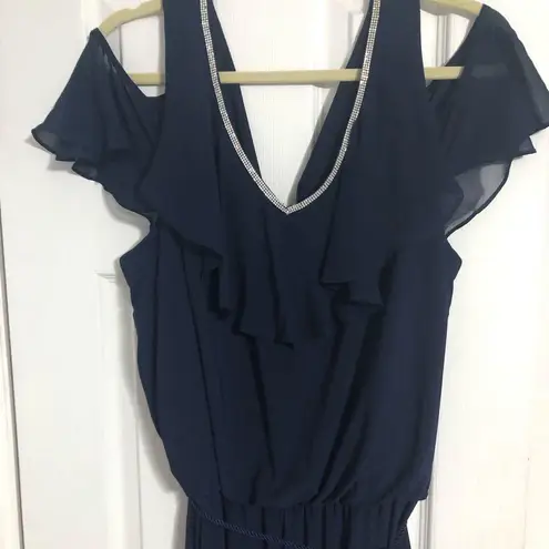 Roz & Ali flowy navy blue jumpsuit rhinestones v neck wedding pantsuit size 1X