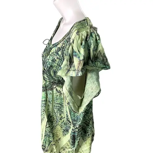 Womens Top Embroidered Bib Lace Back Tie Die Blouse u Green Size XL Boho Shirt E Yellow