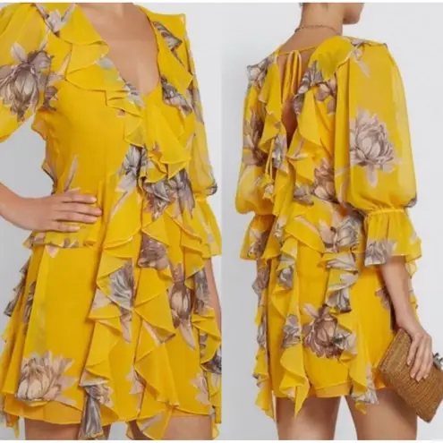 MISA Los Angeles Womens Evele Yellow Floral Printed Ruffle Mini Dress Romantic M