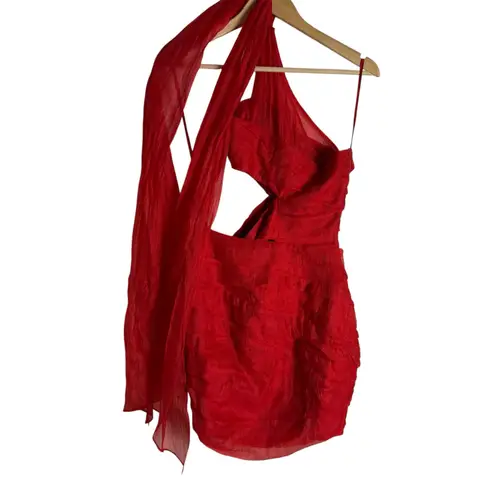 Ashley Park Scene Stealer Red Chiffon One Shoulder Cut Out Cocktail Mini Dress 0