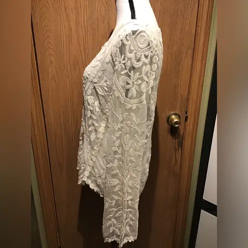 Rewind Sheer Crochet Lace Floral Embroidered Long Sleeve Blouse Scallop Trim