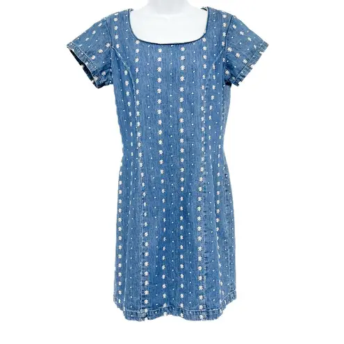 Vintage Floral Embroidered Denim Jean Midi Dress Short Sleeve Made in USA Size 4 Blue