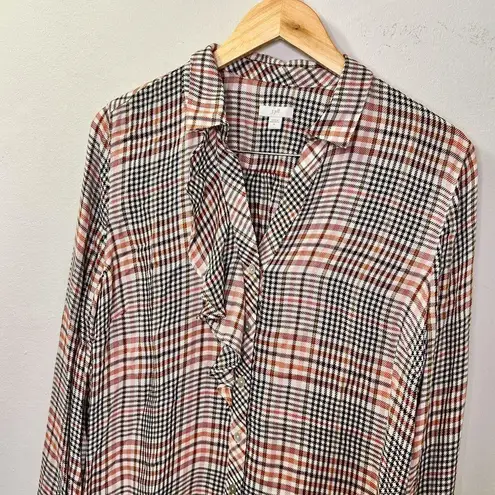 J. Jill Women’s Plaid Button Front Ruffle Tartan Shirt Size Medium Brown