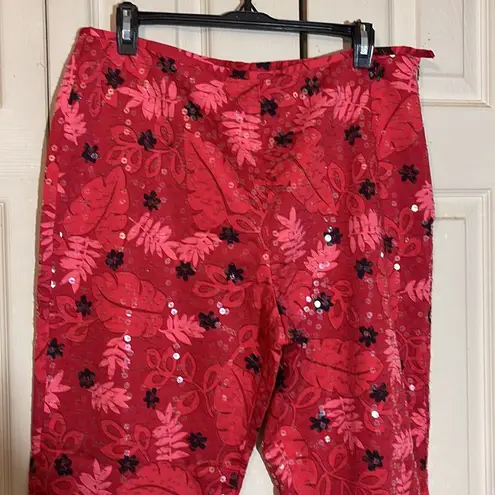 DStudio Bright Red Floral Slacks Pants With Sparkly Sequins Flat Front Size 14