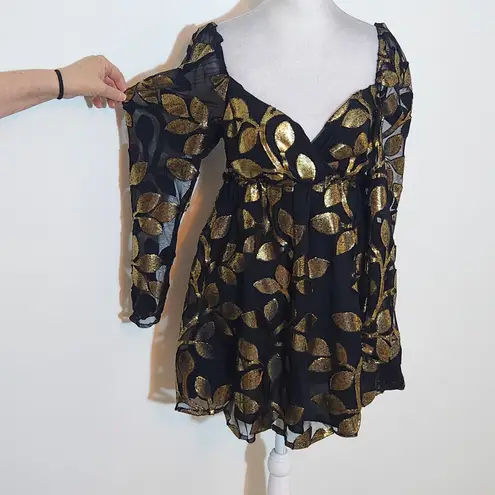 Buddy Love Black and Metallic Gold Leaf Mini Cocktail Dress NWOT Size XS