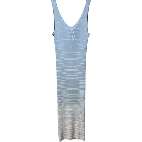 Staud Dana Ribbed Knit Light Blue / White Striped Sleeveless Midi Dress Large