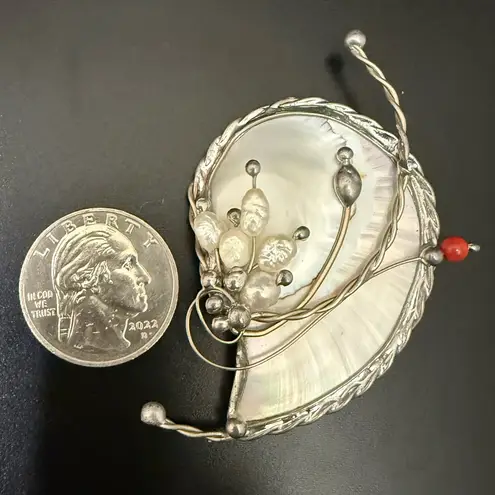 Vintage Unsigned Handcrafted Silver Mother of Pearl Wire Rice Pearl Coral Brooch