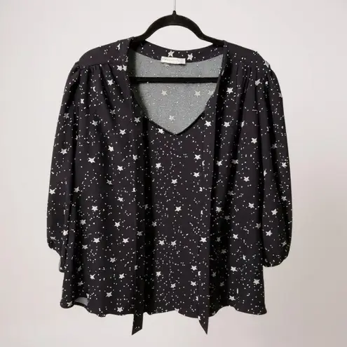 Black Star Print Long Sleeve Blouse With Tie Neckline Retrology 2X