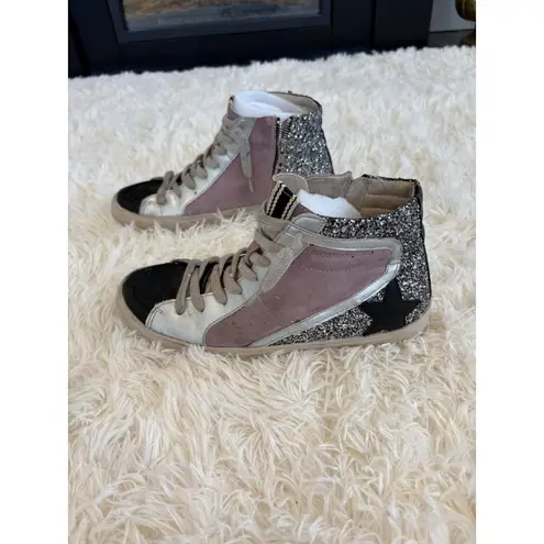 Glitter Star High Top Sneakers Silver Lilac Black Accent Distressed Size 10
