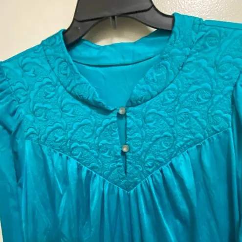 Vintage Shadowline Womens Teal Blue Long Nightgown L Large 40” Quilted Neckline