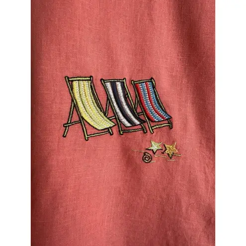Ultra Dress Linen Coral Summer Beach Embroidered Abalone Shell Button Up Size 12