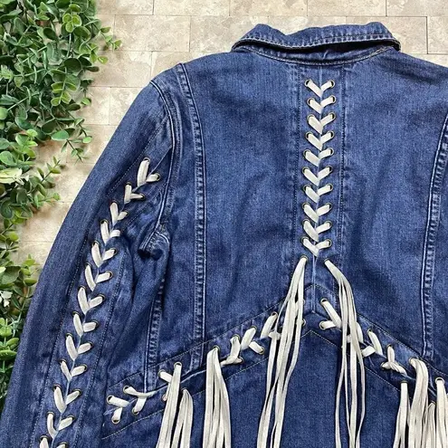 BLANK NYC  Denim Jean Faux Suede Fringe Stitch Boho Jacket Blue Beige Size XS