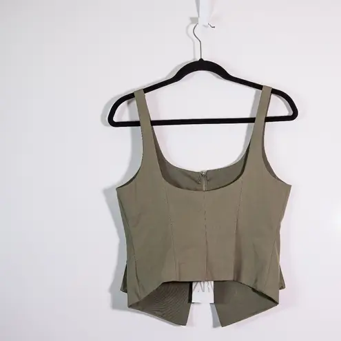 ZARA NEW  Women's Cargo Multi Pocket Utility Army Front Zip Crop Tank Top Green M