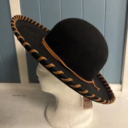 Vintage 100% Wool Black Wool Brown Leather Hat Doeskin Felt NWT