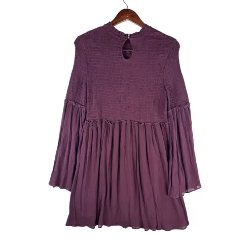 Clover + Scout XL Smocked Mock Neck Ruffle Bell Sleeve Mini Dress Purple