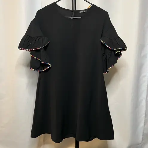 Very J Black Shift Dress with Rainbow Pom Pom Ruffle Sleeves Small