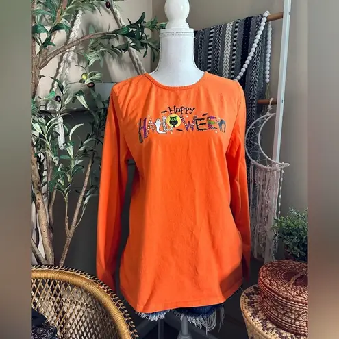 Y2K Vintage Holiday Editions Halloween Spell Out Graphic Long Sleeve T Shirt Orange Size XL