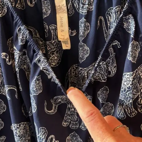 Jesse & J Navy White L Elephant Romper Shorts Fringe Boho Cinch Waist Festival Blue Size L