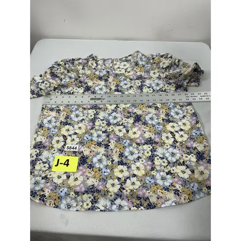 Pleione Womans Pullover Puffy Sleeve Blouse Large Pastel Floral Short Sleeve