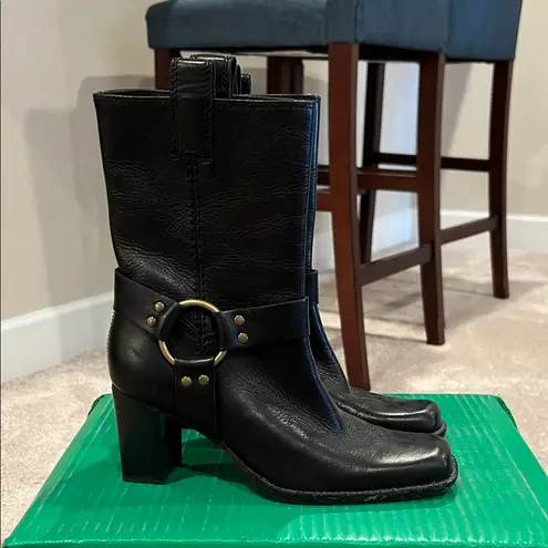 Elegant Black Heeled Boots with Buckle Detail Size 7