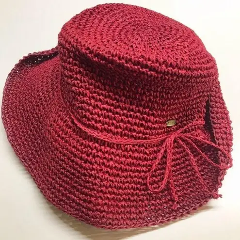 Scala  Wide Brim Straw Hat Sun Hat Red Summer hats Paper Crochet Vintage