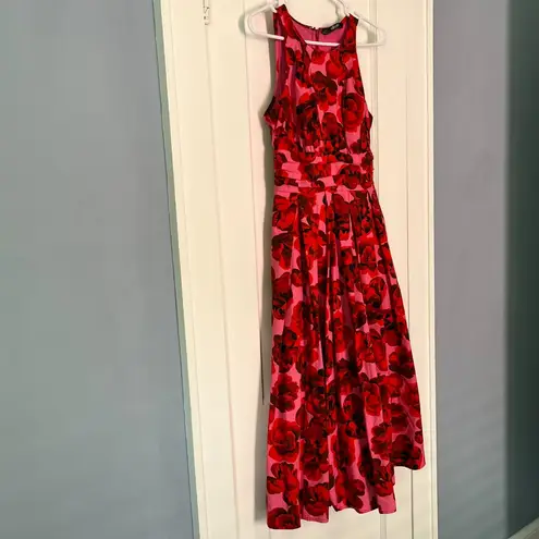 Eshakti pink red floral midi dress size small / 6 smocked full skirt feminine