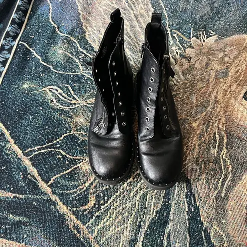 Black Combat Moto Leather Boots Lace