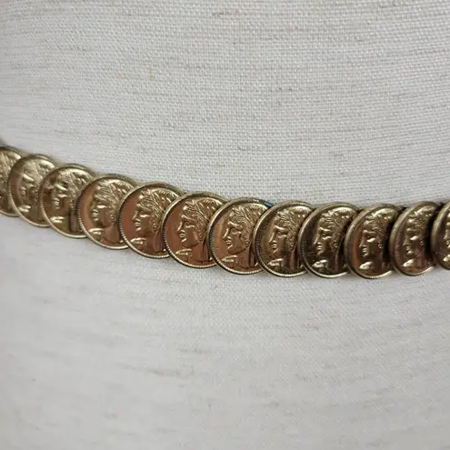Vintage Gold Tone Embossed Metal Disc Coins Elastic Waist Belt Disco Glam