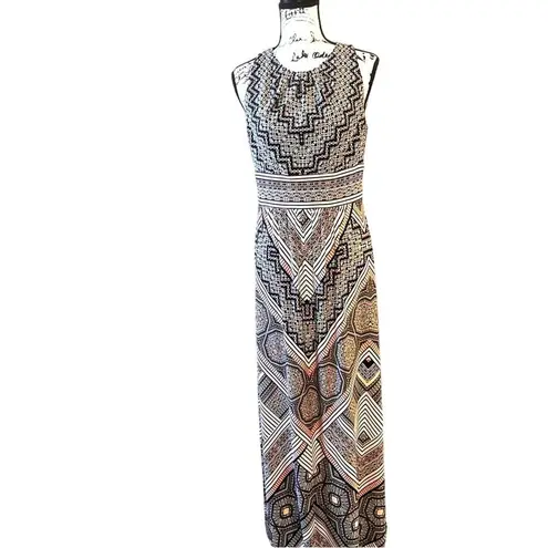 London Times Multicolor Medallion Halter Pleated Maxi Dress Size 8