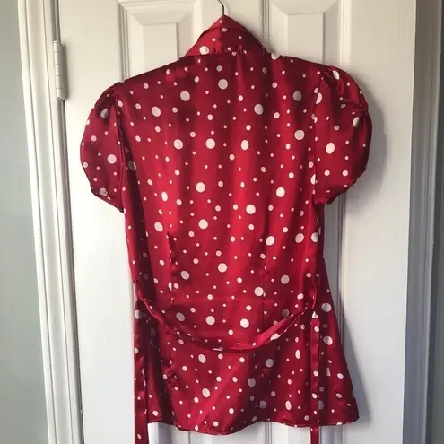 Dress Barn Red Polka Dot Blouse with Tie at Waist Sz M