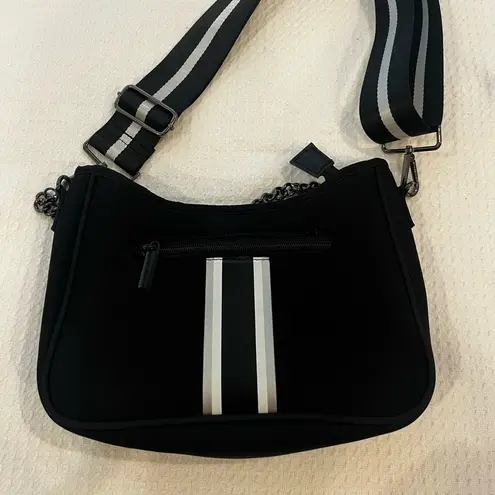 Haute Shore Black & White Stripe Neoprene Shoulder Bag Crossbody Chain Detail