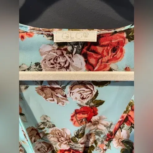 Teal Floral High Low Long Sleeve Cover Up Dress, One Size/Small Blue