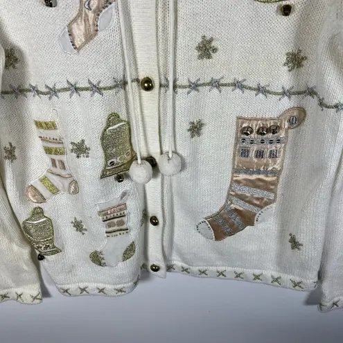 Reference Point All Points Christmas Cardigan Bells Stockings Knit Cream Women’s Size Medium