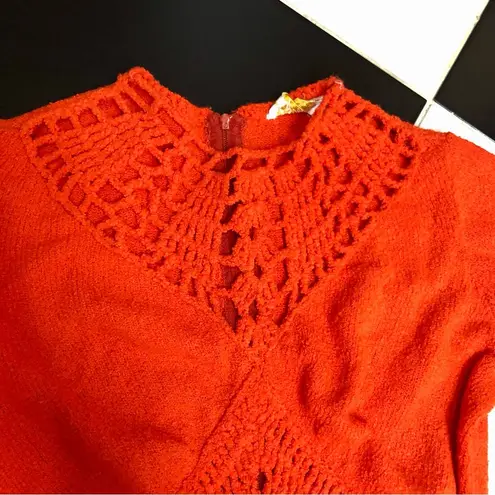 Vintage 70s Dolphin California Fit & Flare Dress Crochet Knit Cut Out Tomato Red Size XS