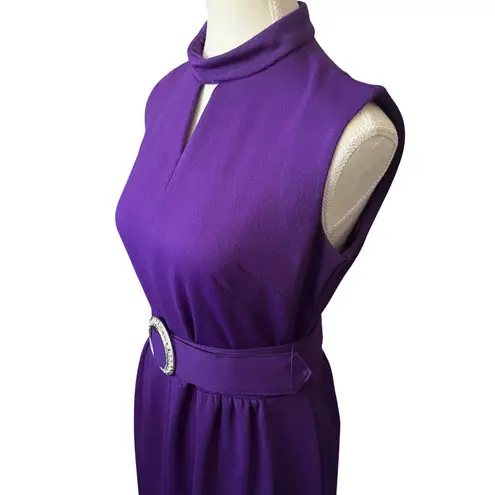 Vintage 70s Maxi Dress Purple Sleeveless Mock Neck Hostess Dress Bejeweled Belt Size 12