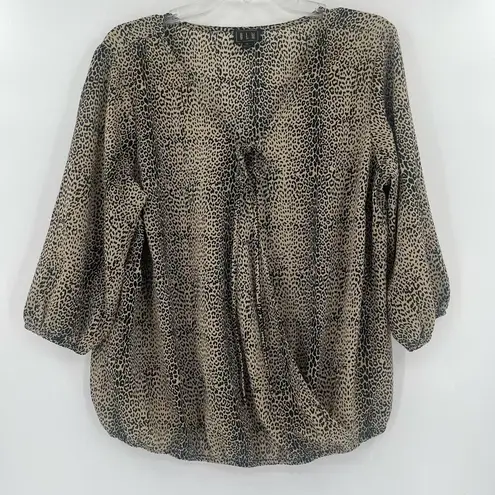 OLM Leopard Blouson Womens Top Sz 1X Peasant Cheetah Tie Neck Cross Over V